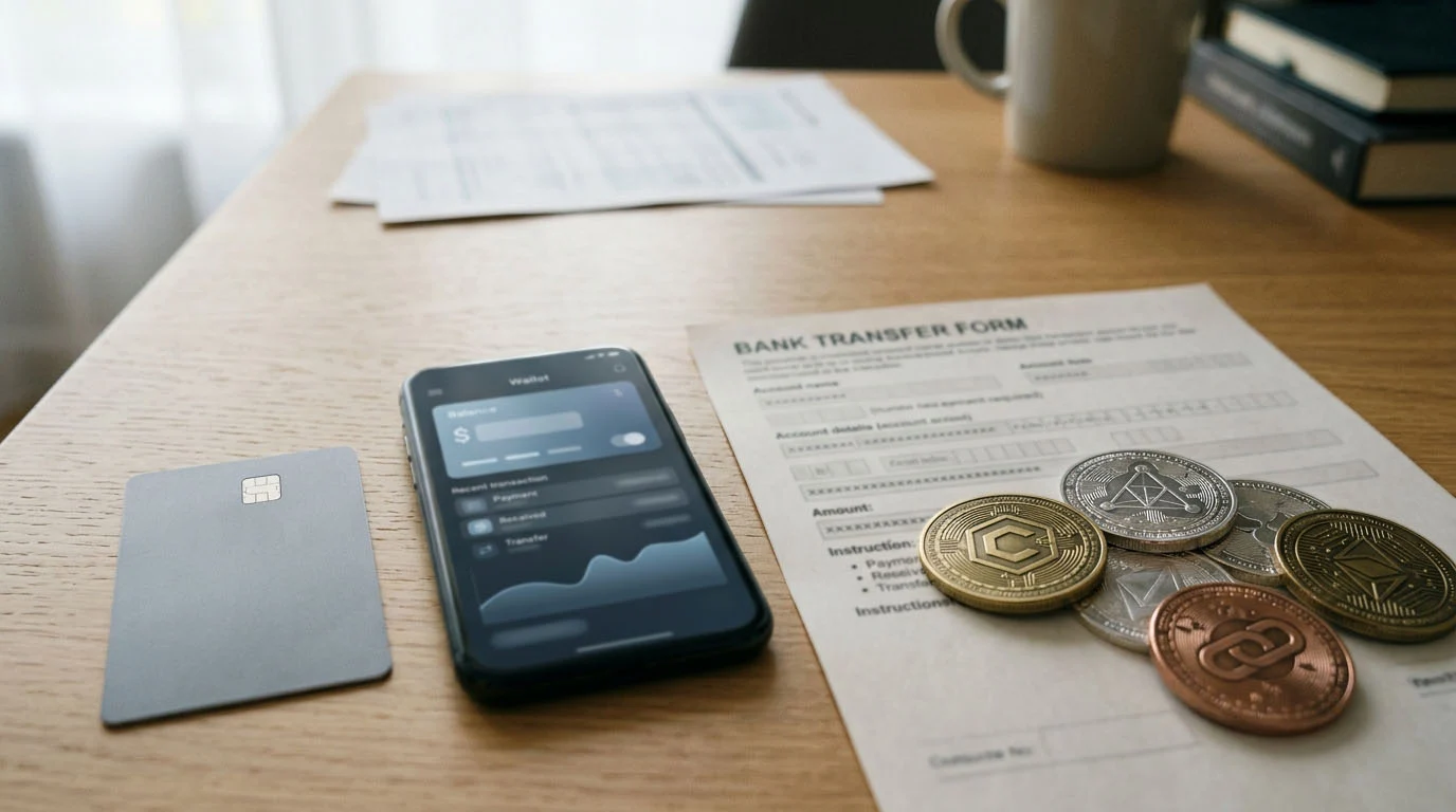 Laptop and smartphone beside a bank card and abstract cryptocurrency tokens