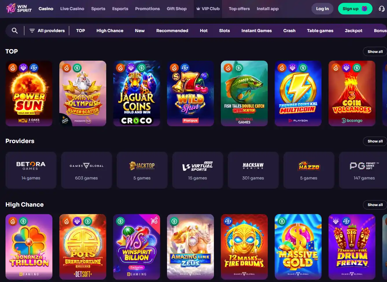 Desktop casino lobby with rows of varied game tiles and live-table scenes