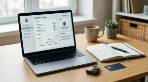 A laptop with a generic account settings screen beside a notebook, payment card and padlock