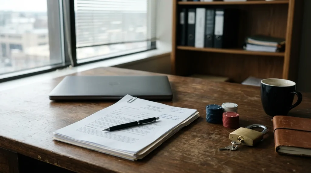 A desk with legal papers, a closed laptop and casino chips arranged beside a lock