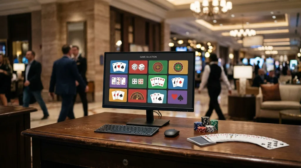 A generic casino game lobby on a monitor beside cards and chips on a desk