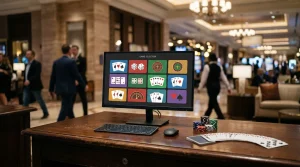 A generic casino game lobby on a monitor beside cards and chips on a desk