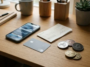 A payment card, smartphone wallet and generic cryptocurrency tokens arranged on a desk